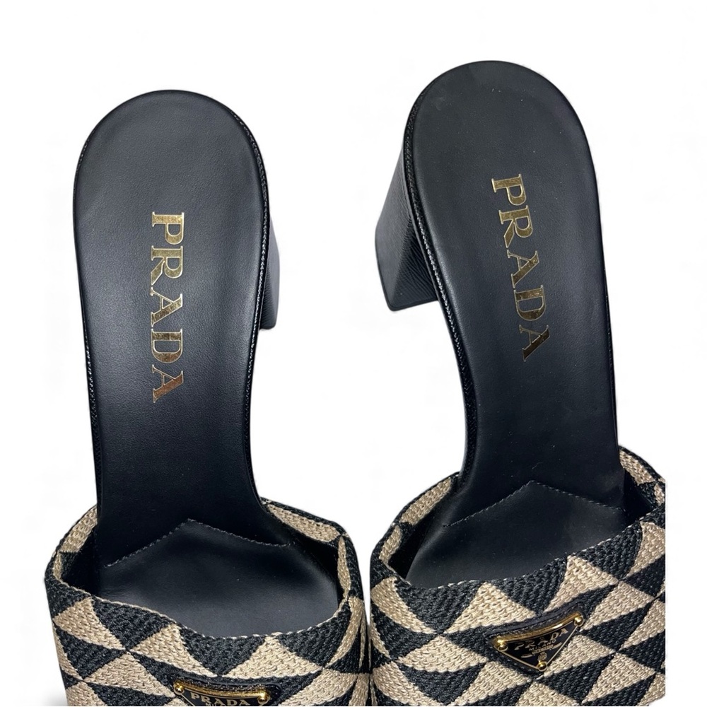 Prada Black Tan Slide Sandals Heeled Mules Jacquard Triangolo Open Toe 7.5 🟡 - Picture 7 of 13